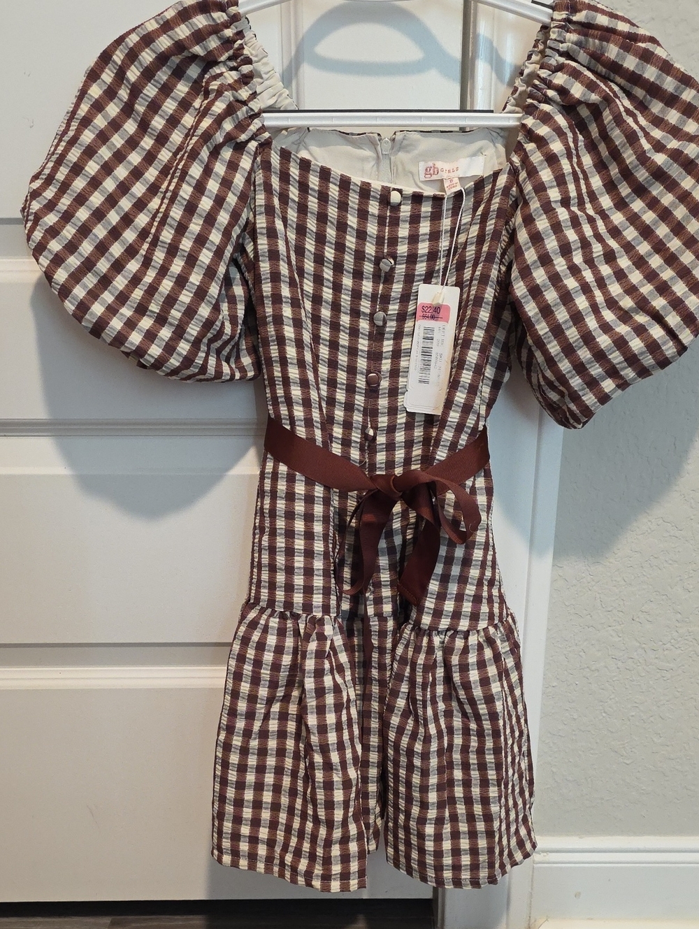 GB girls Brown and Cream Gingham Puff-Sleeve Casual Dress